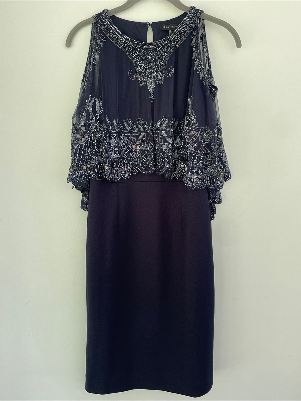 Aiden Mattox Twilight Beaded Capelet Formal Wedding Guest Sheath Dress - Navy 4